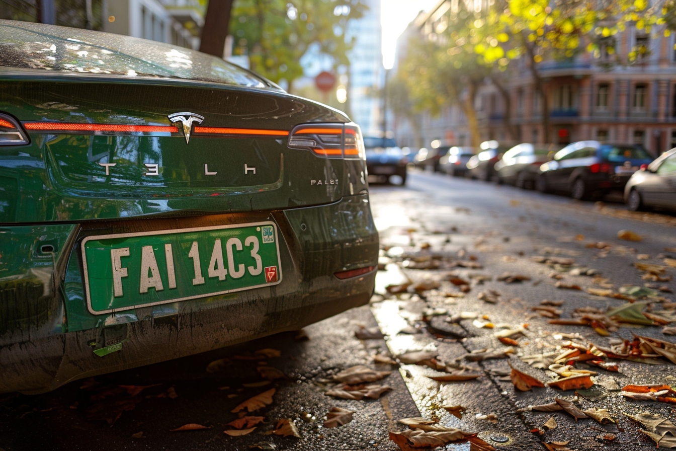 Plaque verte sur voiture indique véhicule propre 
Voiture avec plaque verte symbolise écologie