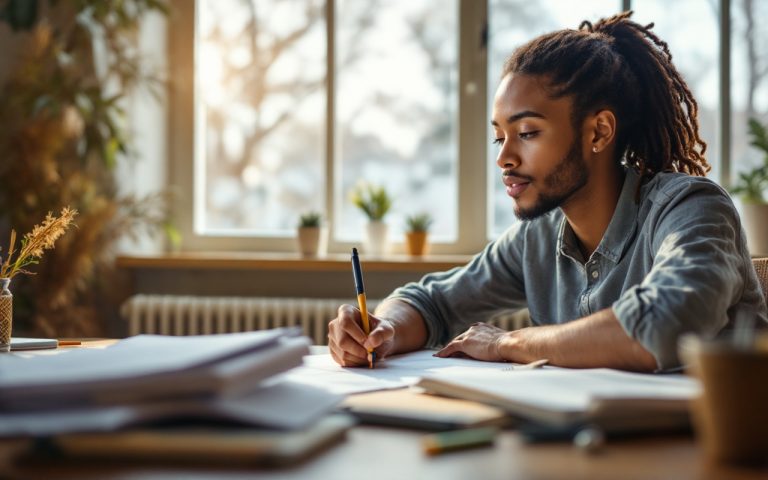 Un étudiant concentré en train d'étudier la théorie de la conduite, assis à un bureau avec des livres et des documents de formation, dans une ambiance lumineuse et chaleureuse.