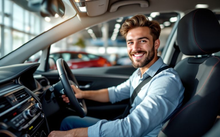 Un jeune conducteur souriant dans un concessionnaire automobile, entouré de voitures modernes et belles, dans une ambiance lumineuse et accueillante.