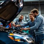 Un acheteur inspecte une voiture d'occasion avec un mécanicien dans un garage, capot ouvert, le mécanicien montre le moteur, caisse à outils en arrière-plan, lumière d'atelier chaude et contrastée.