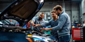 Un acheteur inspecte une voiture d'occasion avec un mécanicien dans un garage, capot ouvert, le mécanicien montre le moteur, caisse à outils en arrière-plan, lumière d'atelier chaude et contrastée.