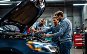 Un acheteur inspecte une voiture d'occasion avec un mécanicien dans un garage, capot ouvert, le mécanicien montre le moteur, caisse à outils en arrière-plan, lumière d'atelier chaude et contrastée.