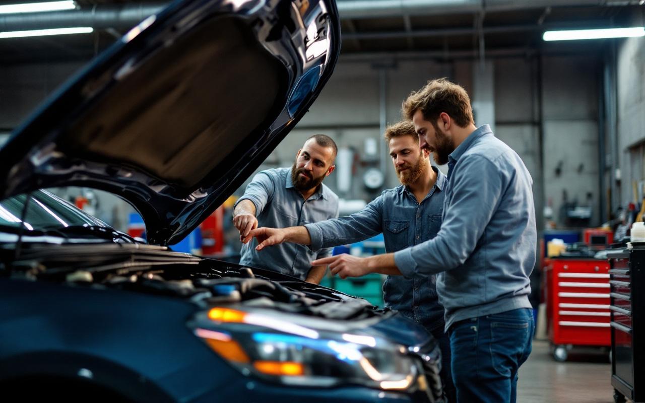 Un acheteur inspecte une voiture d'occasion avec un mécanicien dans un garage, capot ouvert, le mécanicien montre le moteur, caisse à outils en arrière-plan, lumière d'atelier chaude et contrastée.