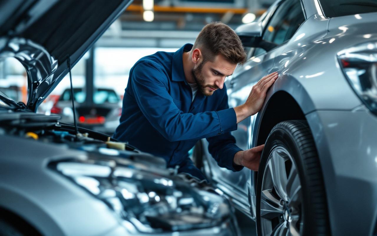 Un mécanicien en uniforme inspecte le moteur et les pneus d'une voiture argentée dans une concession moderne, capot ouvert, mains sur le moteur et la roue avant, lumière chaude et volumétrique, atelier propre et lumineux