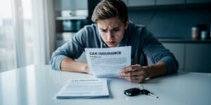 Conducteur malussé consultant des documents d assurance auto sur une table