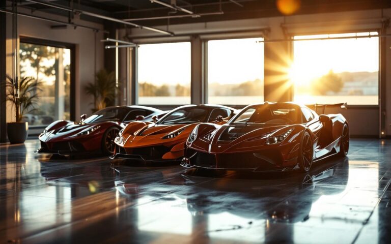 Garage de luxe avec plusieurs supercars alignées, ambiance premium, éclairage naturel et style photo éditorial automobile.