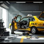Ferrailleur prix batterie au kilo : guide pratique pour la flotte de taxi Illustration réaliste d’un taxi dans un atelier professionnel, avec une batterie usagée placée près du coffre ouvert, ambiance journalistique et détails précis.