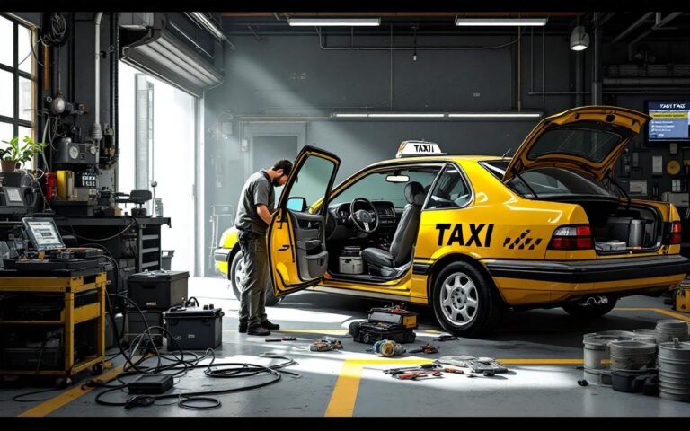 Illustration réaliste d’un taxi dans un atelier professionnel, avec une batterie usagée placée près du coffre ouvert, ambiance journalistique et détails précis.