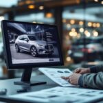 8 erreurs à éviter avant de réserver une voiture via Autoscout24 Dans un showroom automobile européen, un homme compare des documents de véhicule près d’un écran affichant une voiture d’occasion, ambiance éditoriale, éclairage intérieur naturel et détails réalistes.