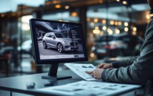 Dans un showroom automobile européen, un homme compare des documents de véhicule près d’un écran affichant une voiture d’occasion, ambiance éditoriale, éclairage intérieur naturel et détails réalistes.