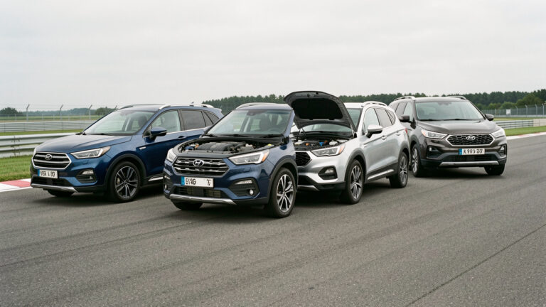 Trois générations de SUV compacts premium présentées sur une piste d’essai, avec des différences visibles de carrosserie et de motorisation.