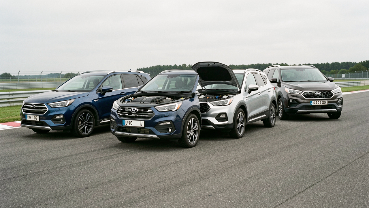 Trois générations de SUV compacts premium présentées sur une piste d’essai, avec des différences visibles de carrosserie et de motorisation.