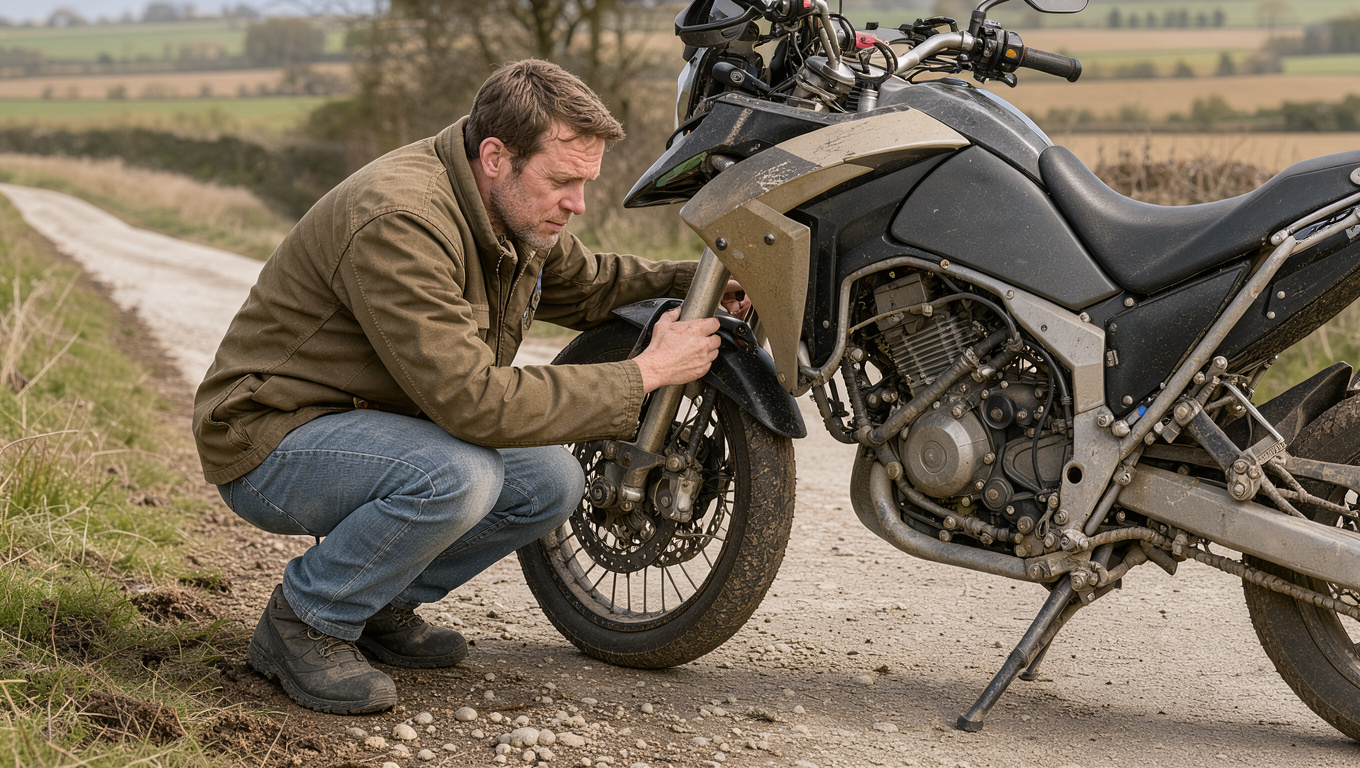 Moto trail d’occasion garée sur une route de campagne, avec inspection visuelle du moteur et des suspensions sous une lumière naturelle.